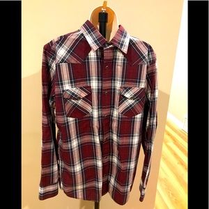 Men’s Banana Republic Black, Red, White Plaid, Pearl Snap Western Shirt Sz M